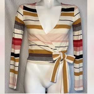 Billabong Top Striped Wrap City Wrap Deep V-neck Top Bow Knit Long Sleeve xsmall